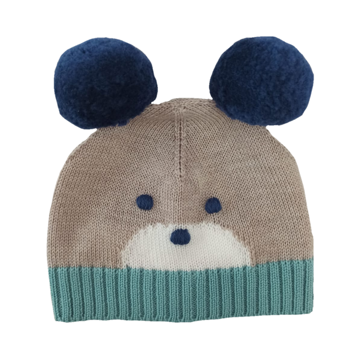 Cappellino lana orsetto beige verde blu