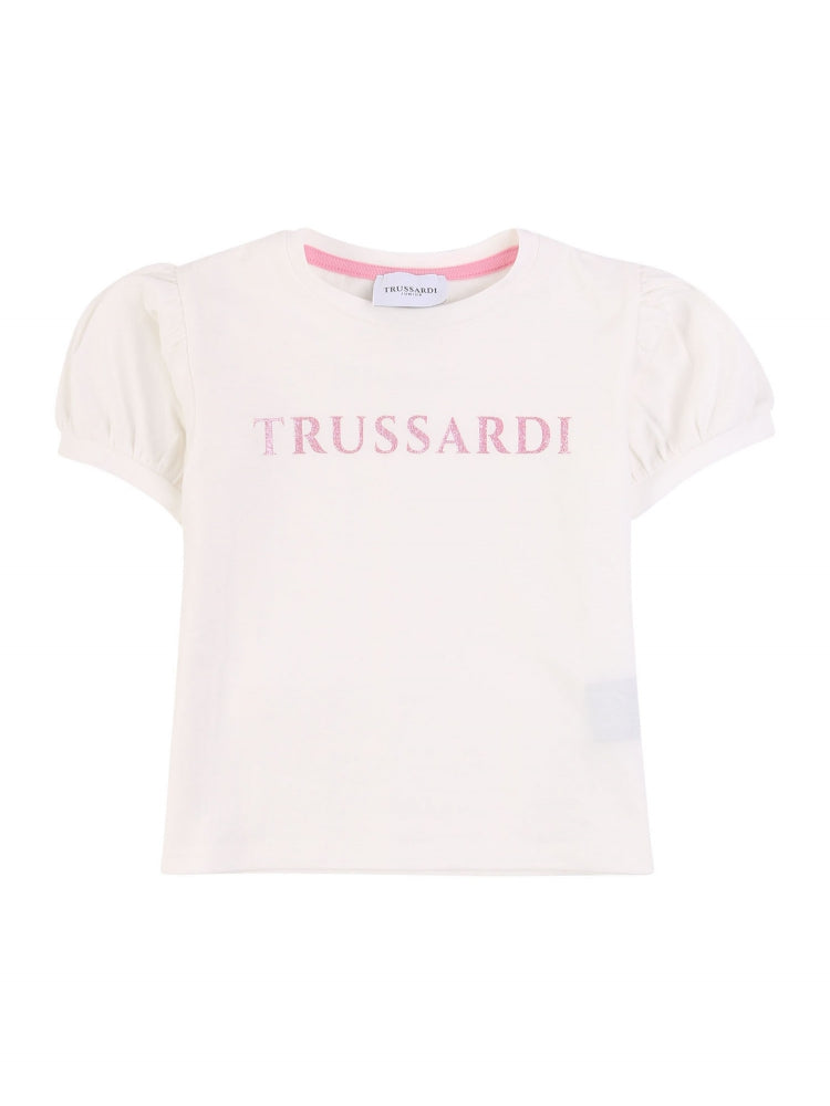Trussardi | T-shirt bianca rosa manica sbuffo