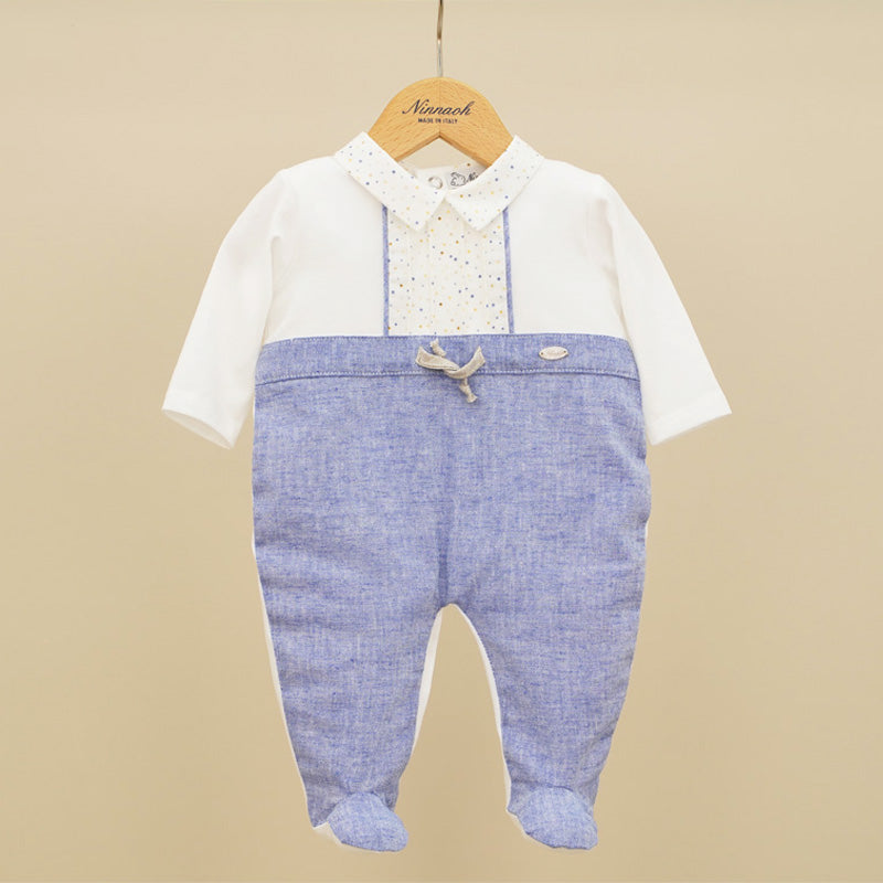 Ninnaoh | Tutina neonato bianca azzurra lino pois