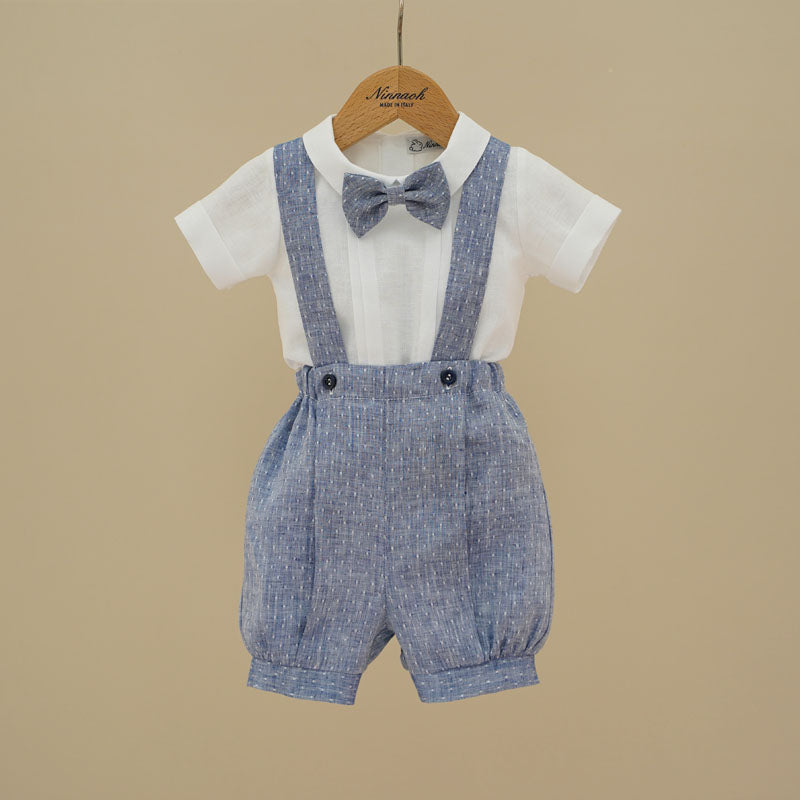 Ninnaoh | Completo salopette lino blu denim