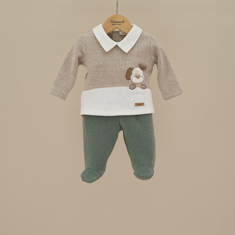 Ninnaoh | Completo nascita panna verde beige cagnolino