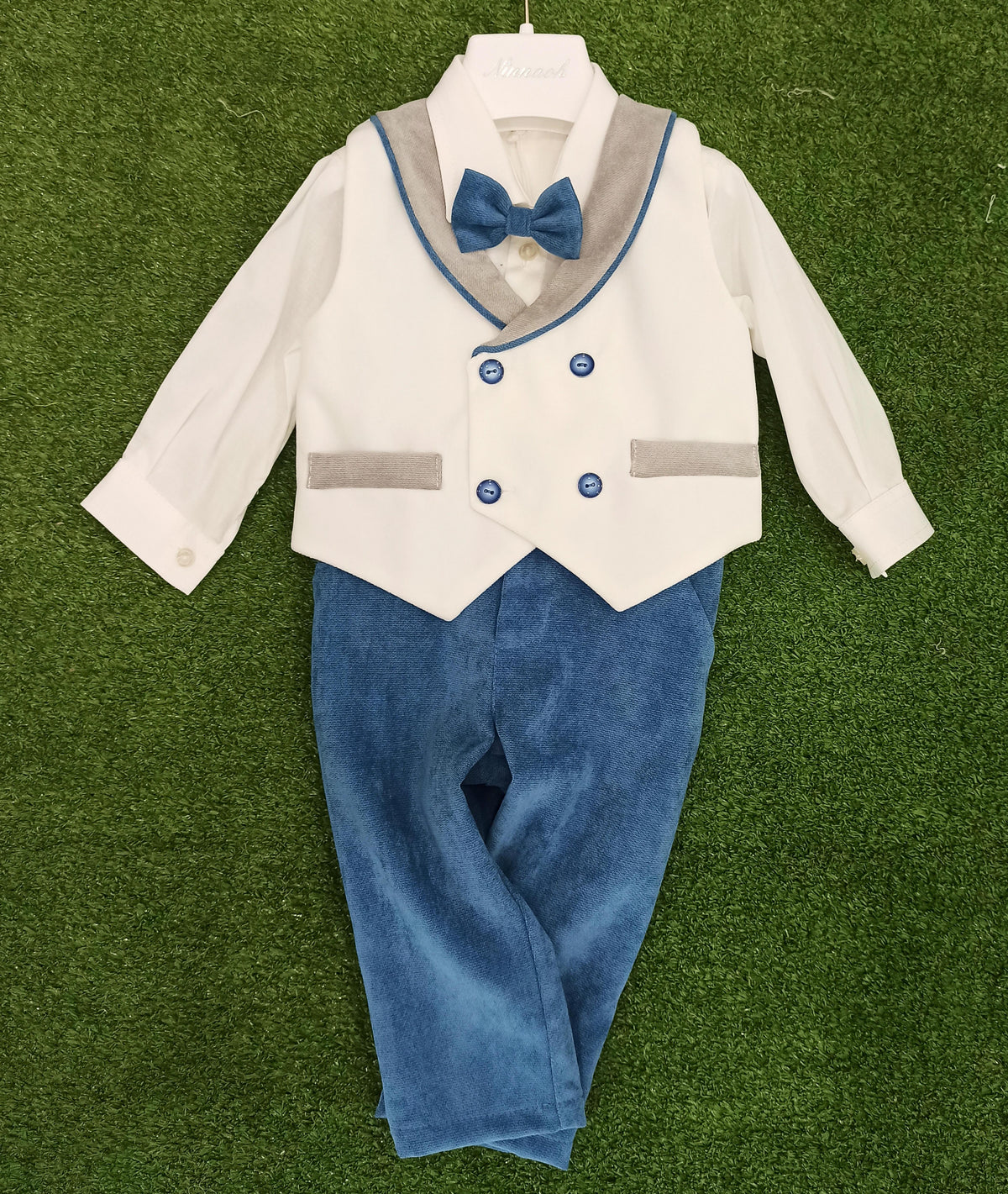 Ninnaoh | Completo velluto doppiopetto bianco azzurro neonato
