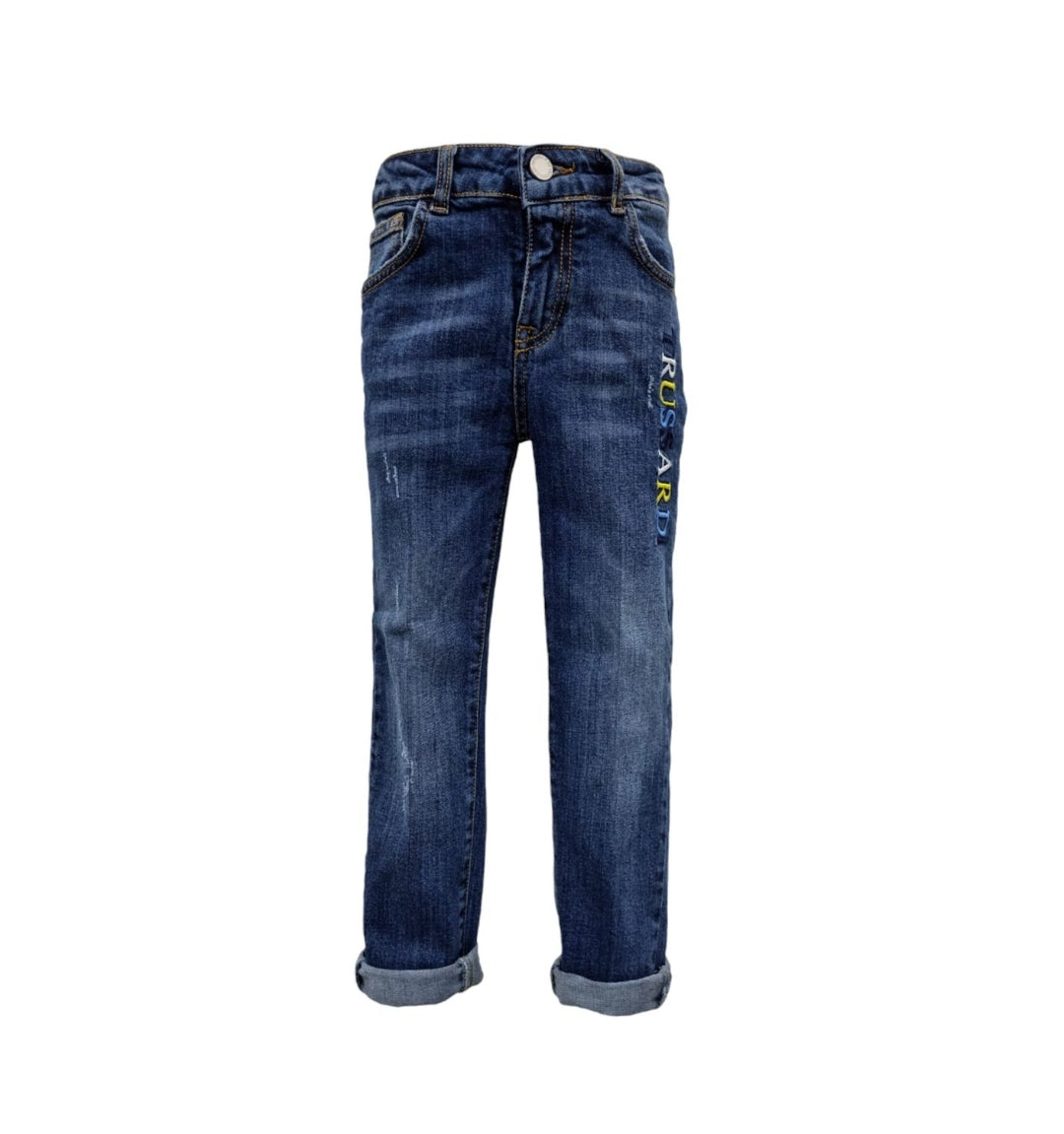 Trussardi | Jeans scuro bambino con ricamo logo colorato