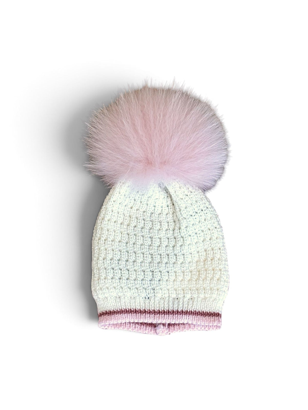 Piccola Desi | Cappello lana panna rosa pompon